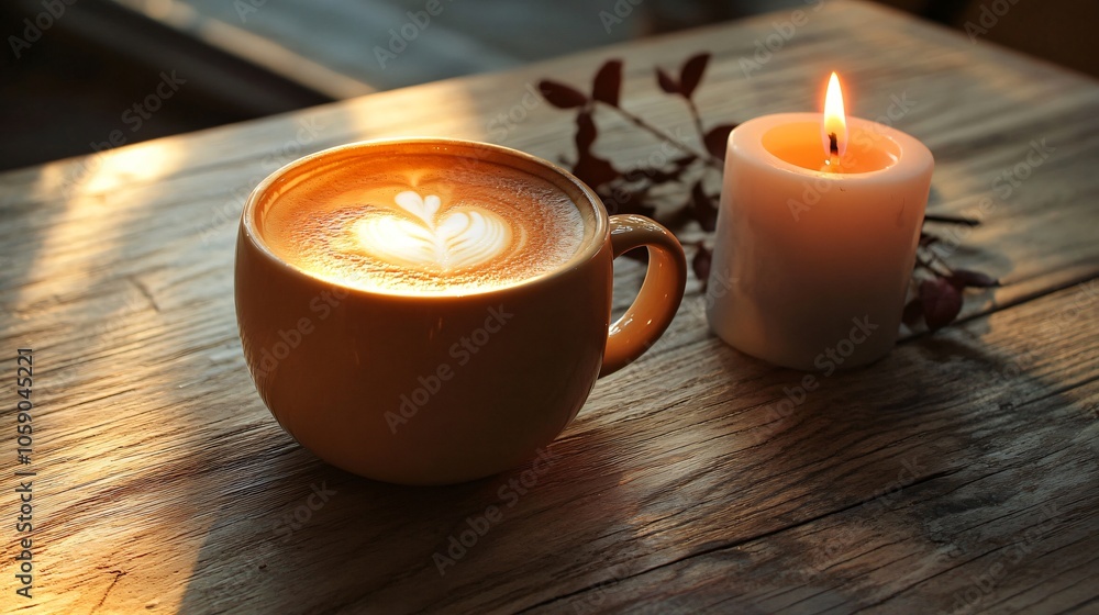 Coffee and Candle on Rustic Wooden Table in Warm Sunlight Coffee and Candle on Rustic Wooden Table in Warm Sunlight