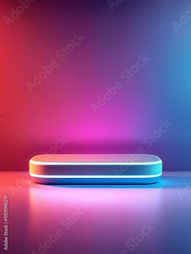 Minimalist smart device on shelf with neon gradient light. White illuminated circular platform on gradient background with pink and blue lighting. Futuristic setup for technology, product display