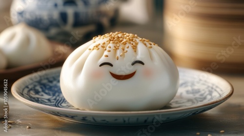 Cute Smiling Bun with Sesame Seeds on Plate