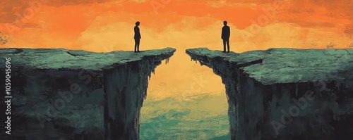 A bridge collapsing in the middle as a couple stands on either side, gazing at the growing chasm between them