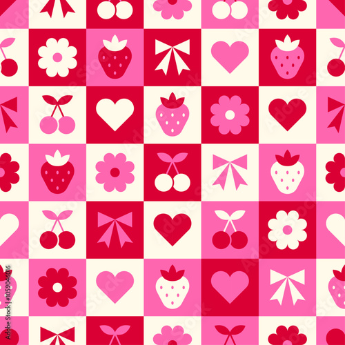 Cute red and pink geometric symbols with seamless square pattern design for valentine’s day.