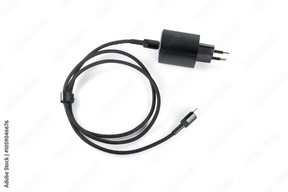 Charger with black plug on white background, charger with block, for smartphone Charger with black plug on white background, charger with block, for smartphone