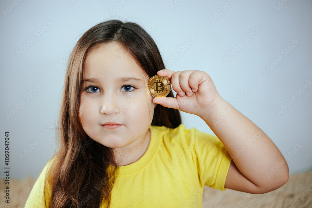 Young Girl Holding Bitcoin, Symbol of Digital Future Young Girl Holding Bitcoin, Symbol of Digital Future