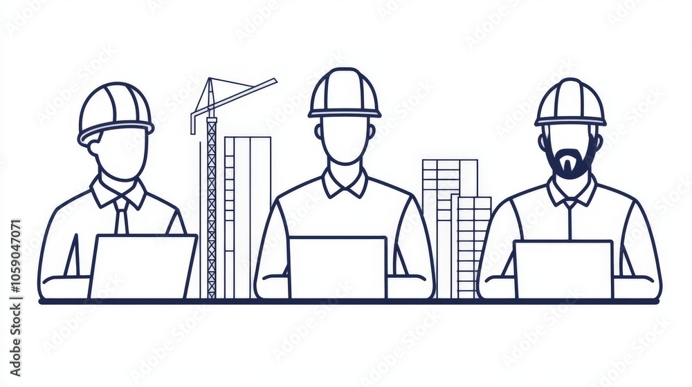 Three construction workers in hard hats collaborating on laptops, with a building site backdrop featuring cranes and structures. Three construction workers in hard hats collaborating on laptops, with a building site backdrop featuring cranes and structures.