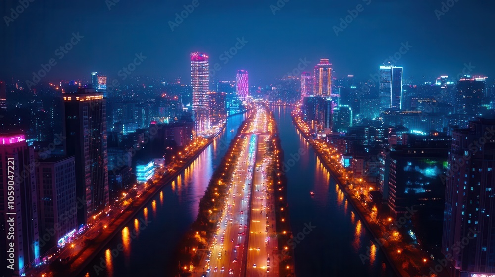 Obraz premium Aerial view of city lights arranged in festival patterns, Modern Light Festival, urban celebration