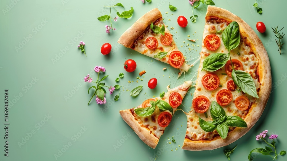 Spring Pizza Slice on Green Background Spring Pizza Slice on Green Background
