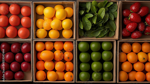 vibrant display of assorted fruits and greens in wooden boxes, showcasing colorful variety of fresh produce. arrangement includes oranges, limes, strawberries, and leafy greens