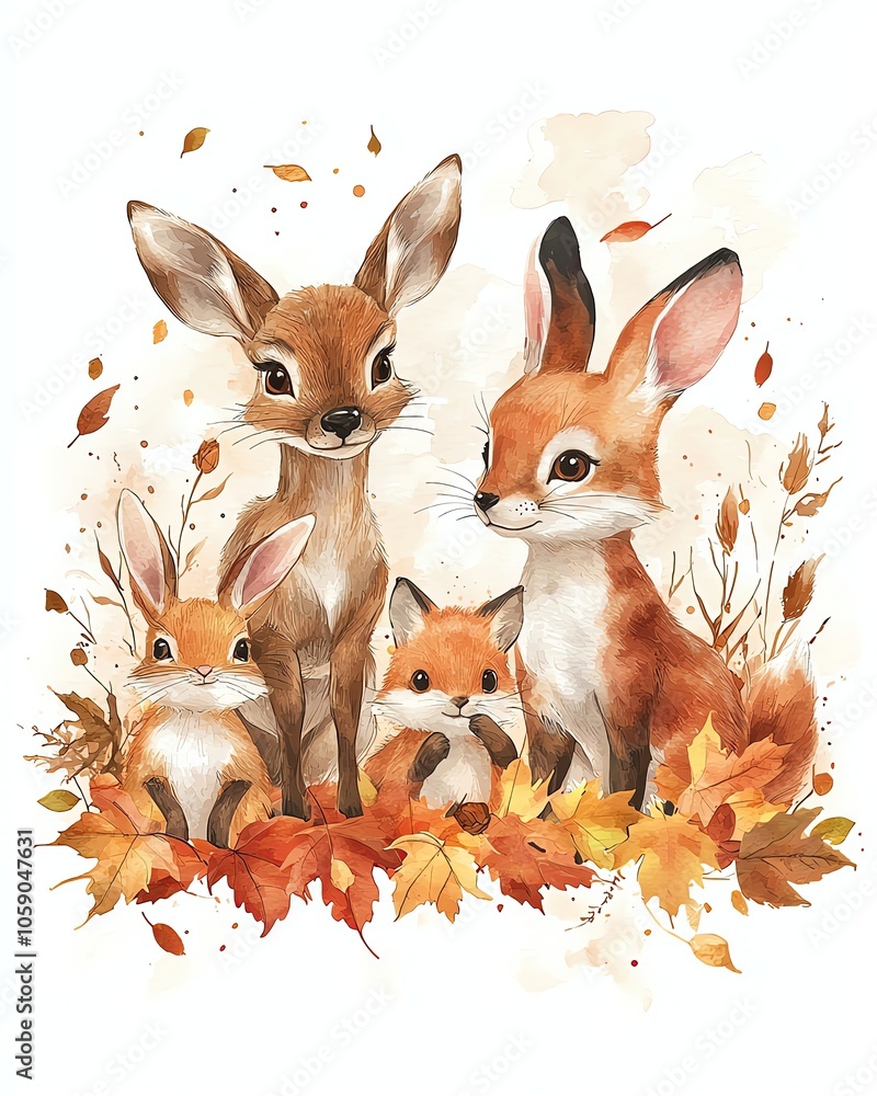 Cute rabbits in autumn foliage. Whimsical watercolor cozy playful cartoon Animal set Cute rabbits in autumn foliage. Whimsical watercolor cozy playful cartoon Animal set