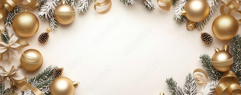 Christmas border, gold ornaments and ribbons, flat design illustration Christmas border, gold ornaments and ribbons, flat design illustration