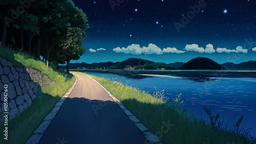 Asphalt road along the river. Illustrations that look like a scene from an anime or game. Blue sky, sun, clouds, sunset, night, fog, snow, rain, autumn, cherry blossoms, etc. photo