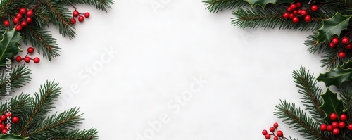 Christmas frame, holly berries and pine branches border, flat design illustration