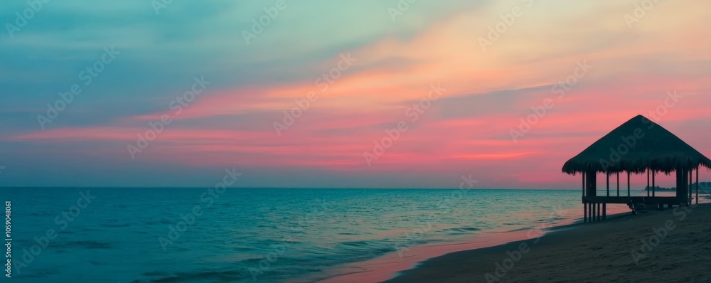 A serene beachscape at sunset featuring calm waters, a small hut on the shore, and colorful skies blending warm hues of pink and blue. A serene beachscape at sunset featuring calm waters, a small hut on the shore, and colorful skies blending warm hues of pink and blue.