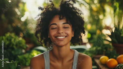 Smiling Black Woman Surrounded by Greenery in Natural Setting, Embracing Wellness and Happiness