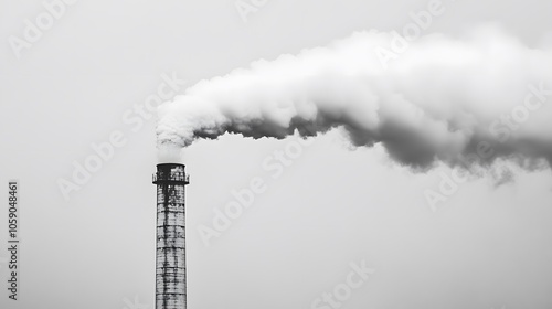 Industrial chimney releasing white smoke against pale sky, factory smokestack photography, concrete tower structure, billowing plume, urban industrial landscape.