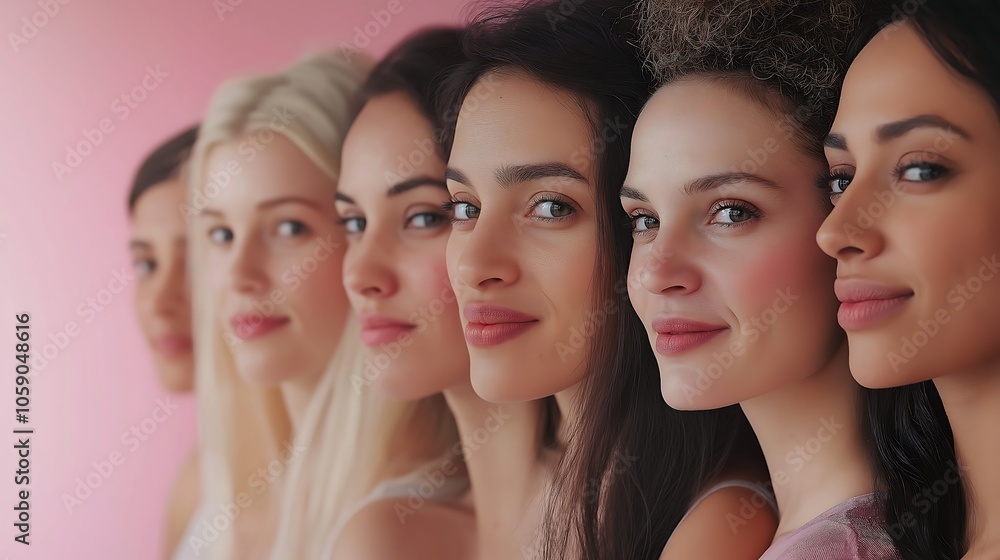 Obraz premium Profile Portrait of Diverse Women Smiling Against Pink Background, Symbolizing Unity and Positivity