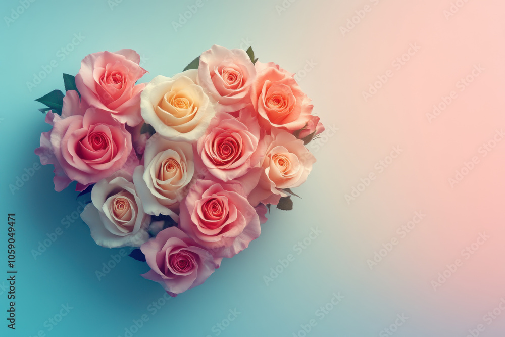 A heart made of pink roses is on a gradient background A heart made of pink roses is on a gradient background