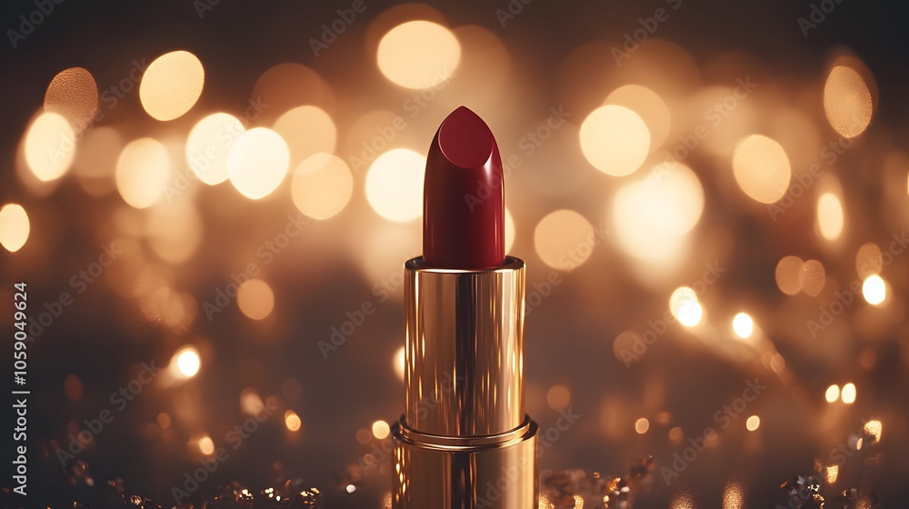 Luxury red lipstick with gold metallic case against bokeh background, warm candlelight glow, deep burgundy color, glamorous beauty product photography. Luxury red lipstick with gold metallic case against bokeh background, warm candlelight glow, deep burgundy color, glamorous beauty product photography.