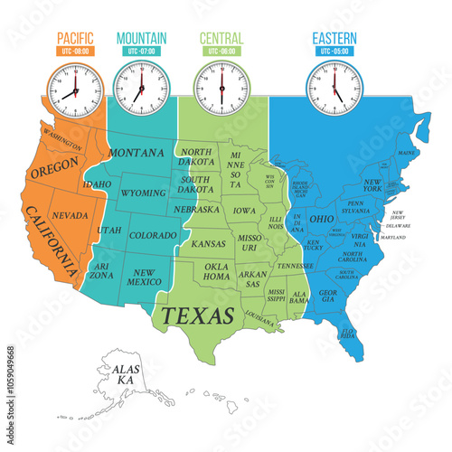 USA time zones infographic map