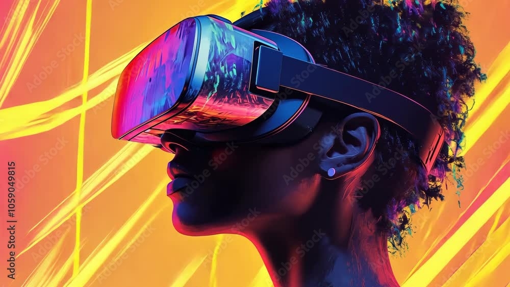 A person wearing a virtual reality headset is immersed in a digital world, as vibrant colors and light streaks fill the background A person wearing a virtual reality headset is immersed in a digital world, as vibrant colors and light streaks fill the background