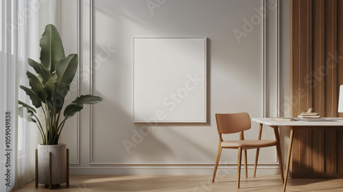 Minimalist interior with blank canvas, plant, and wooden furniture