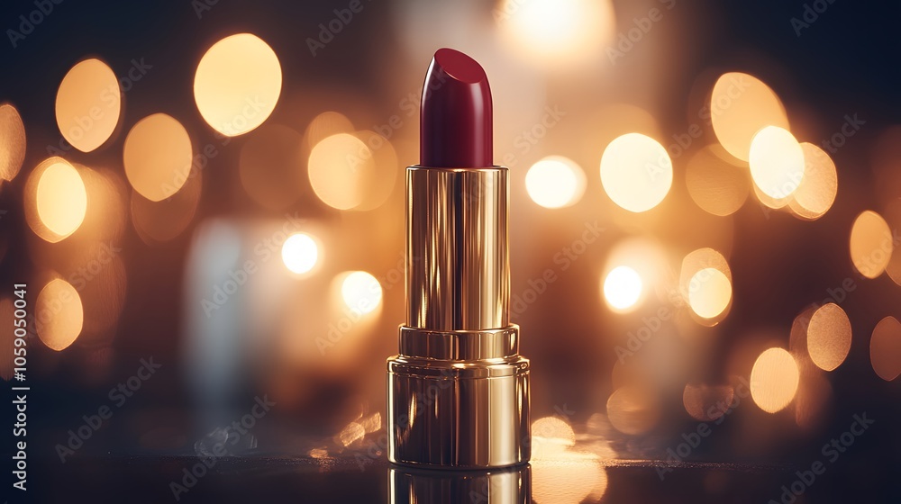 Luxury red lipstick with gold metallic case against bokeh background, warm candlelight glow, deep burgundy color, glamorous beauty product photography. Luxury red lipstick with gold metallic case against bokeh background, warm candlelight glow, deep burgundy color, glamorous beauty product photography.