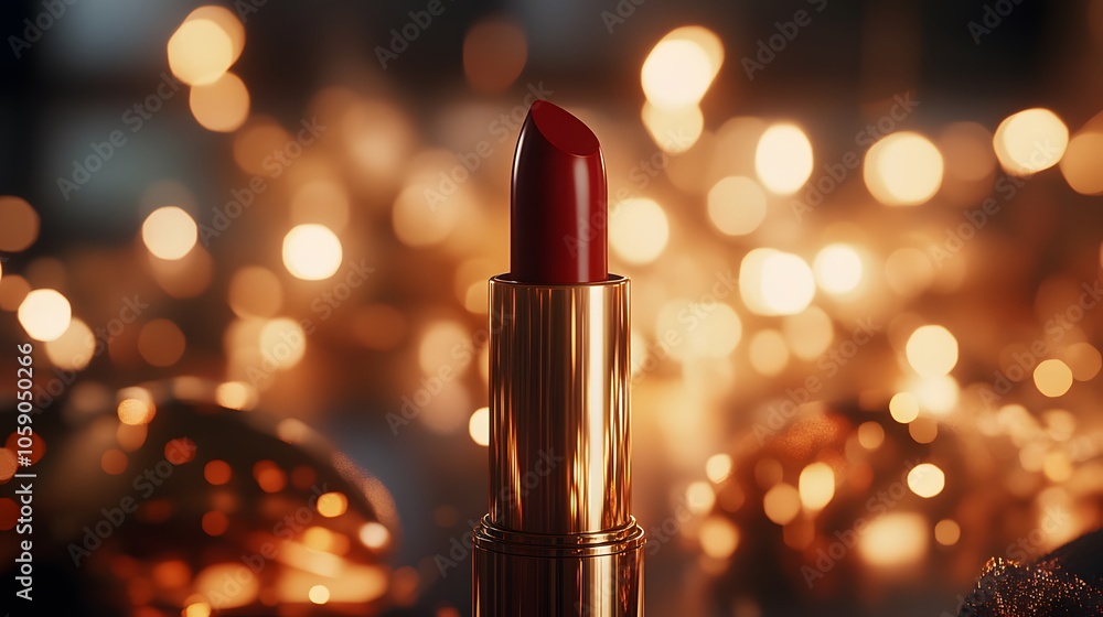Luxury red lipstick with gold metallic case against bokeh background, warm candlelight glow, deep burgundy color, glamorous beauty product photography. Luxury red lipstick with gold metallic case against bokeh background, warm candlelight glow, deep burgundy color, glamorous beauty product photography.