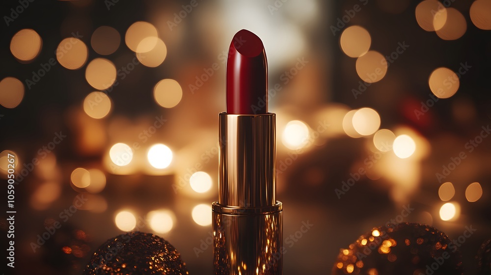 Luxury red lipstick with gold metallic case against bokeh background, warm candlelight glow, deep burgundy color, glamorous beauty product photography. Luxury red lipstick with gold metallic case against bokeh background, warm candlelight glow, deep burgundy color, glamorous beauty product photography.