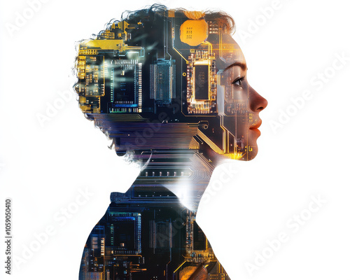 Silhouette of woman with microchip design, symbolizing technology and innovation