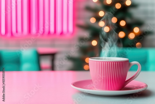 Winter cafe interior with neon lights, snow-themed decor, and steaming cups, creating a trendy, youthful vibe, trendy winter cafe, neon, snow-themed photo