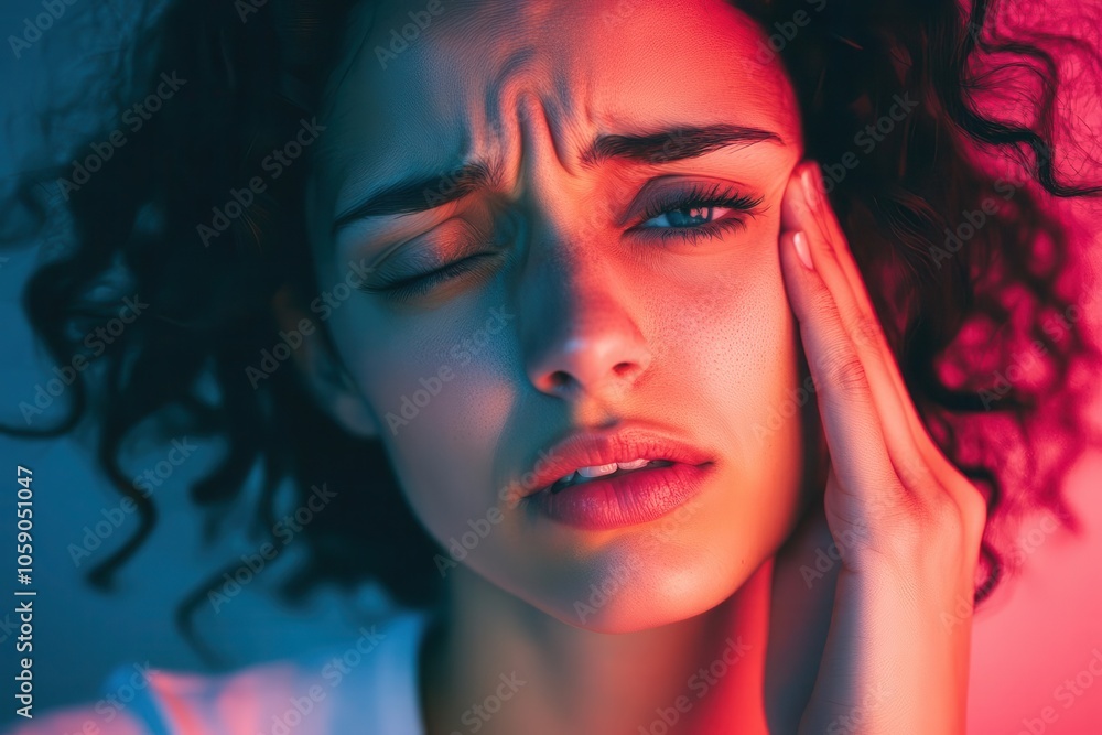 Young woman with hand on sore temples, headache agony, dimly lit, muscle tension, relatable distress, realistic texture, emotional detail Young woman with hand on sore temples, headache agony, dimly lit, muscle tension, relatable distress, realistic texture, emotional detail