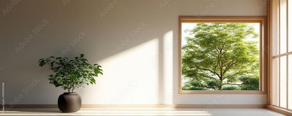 Zen garden view from spa window, sunlight streaming, peaceful wellness Zen garden view from spa window, sunlight streaming, peaceful wellness