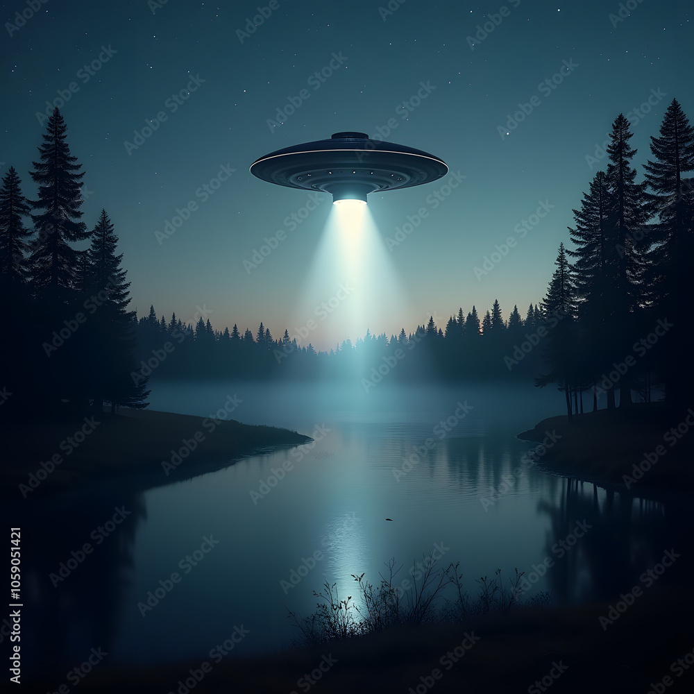 A mysterious scene depicting a UFO hovering at dusk over a serene lake A mysterious scene depicting a UFO hovering at dusk over a serene lake