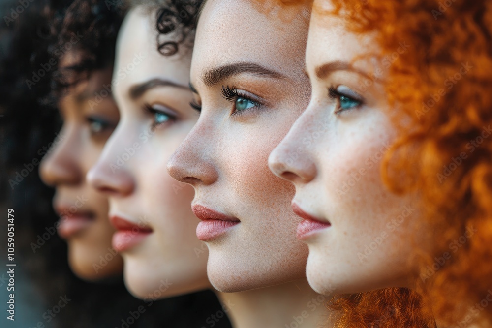 Four diverse models showing their profile in a beauty campaign Four diverse models showing their profile in a beauty campaign