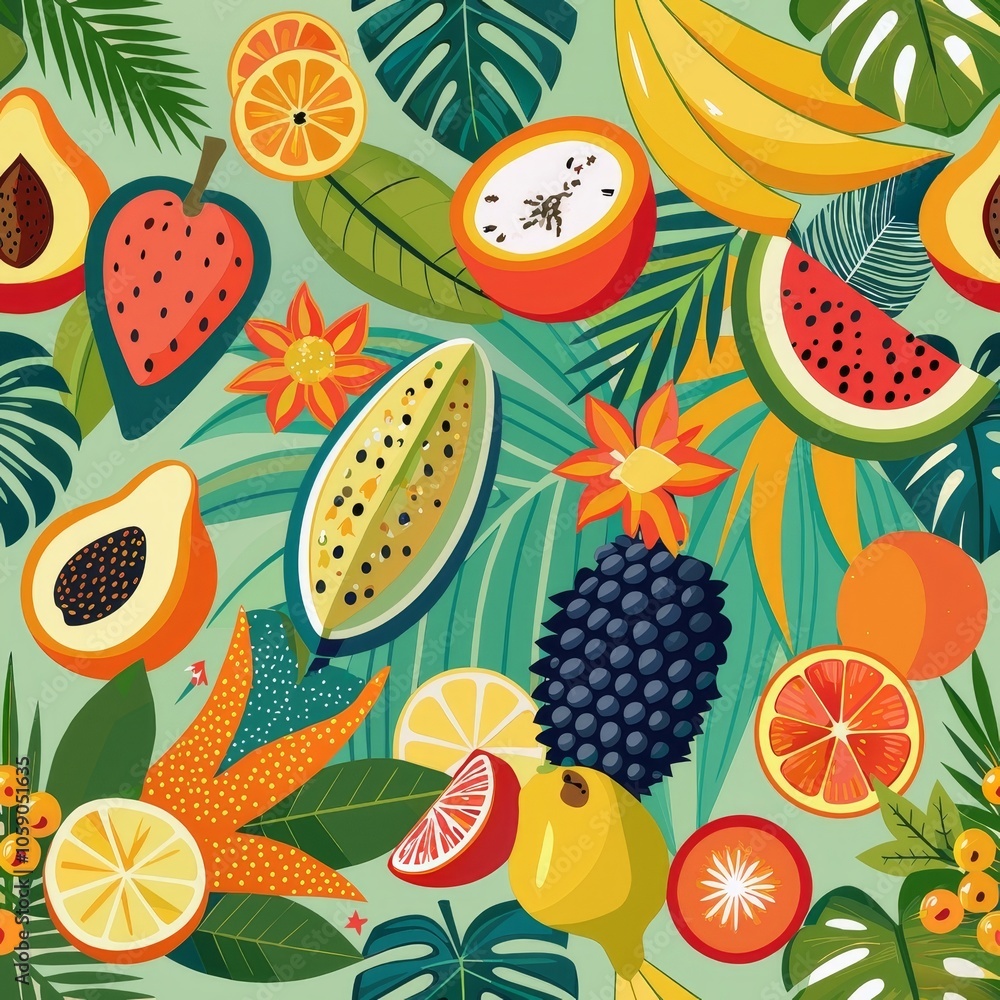 Colorful tropical fruit pattern with exotic leaves and vibrant background Colorful tropical fruit pattern with exotic leaves and vibrant background