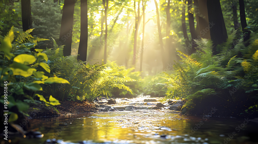 Fototapeta premium Sunlit forest creek with lush green foliage and glistening water, peaceful nature oil painting. Sunlit Forest. Illustration