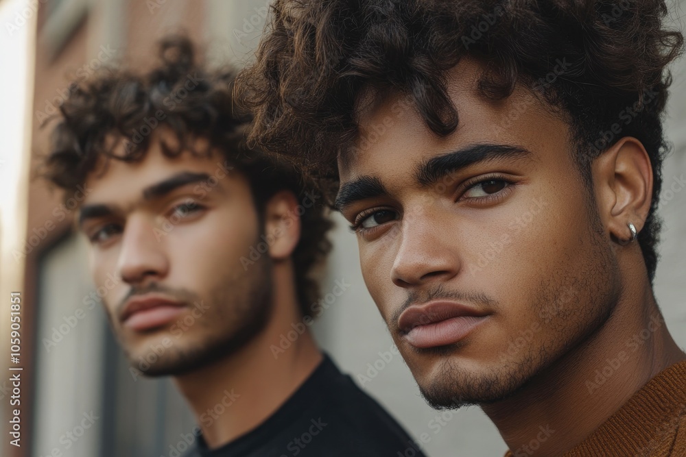 Two young male models posing together showing trendy curly hairstyles Two young male models posing together showing trendy curly hairstyles
