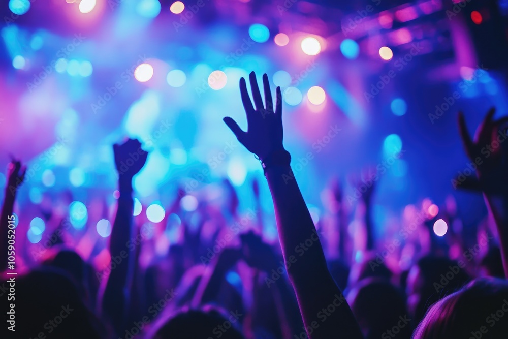 Crowd raising hands and dancing at music concert with stage lights Crowd raising hands and dancing at music concert with stage lights