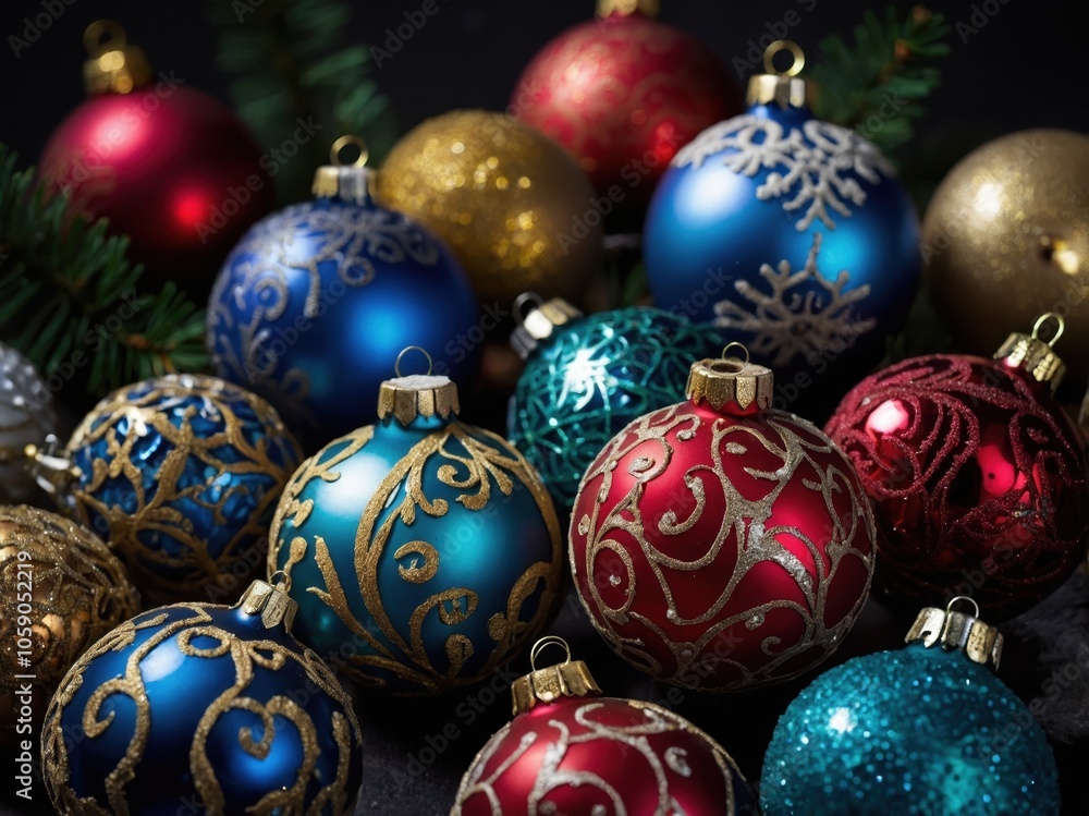 Christmas baubles hanging on a tree, shimmering with festive colors and designs, creating a joyful and sparkling holiday atmosphere Christmas baubles hanging on a tree, shimmering with festive colors and designs, creating a joyful and sparkling holiday atmosphere