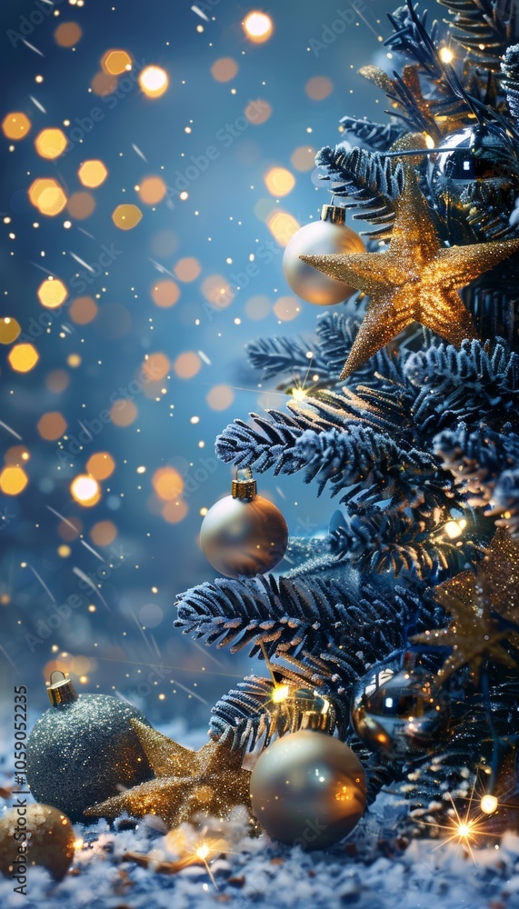 Elegant christmas tree adorned with golden star ornaments and blue decorations shining bright Elegant christmas tree adorned with golden star ornaments and blue decorations shining bright