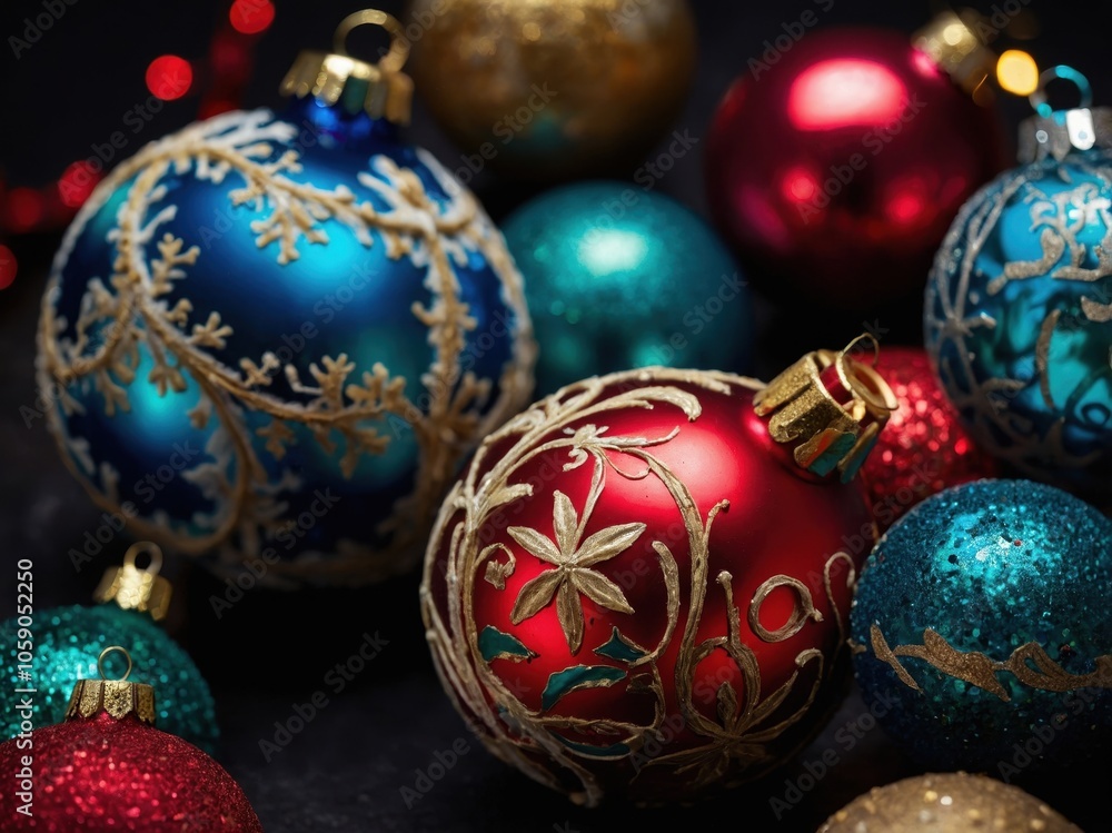 Christmas baubles hanging on a tree, shimmering with festive colors and designs, creating a joyful and sparkling holiday atmosphere Christmas baubles hanging on a tree, shimmering with festive colors and designs, creating a joyful and sparkling holiday atmosphere