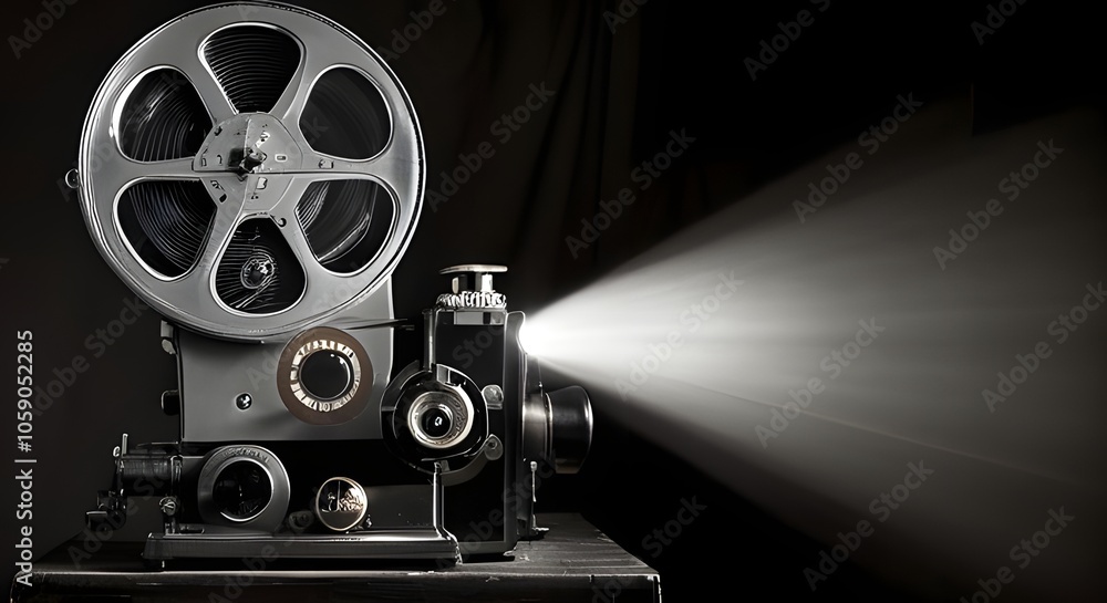 Fototapeta premium Black and white image of an old film projector