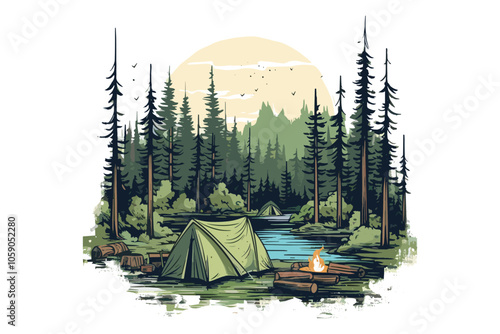 Outdoor Camping Vector T-shirt Design Mountain Camping Illustration Camping emblem graphics