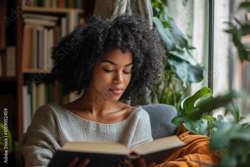 Young black woman reading a book at home by the window