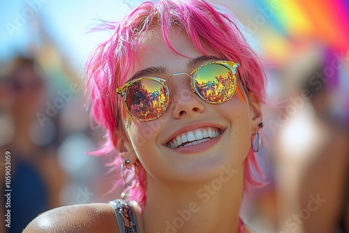 Portrait of a young woman with beautifully styled pink hair against the backdrop of a festival. Non-binary person, lgbt community photo