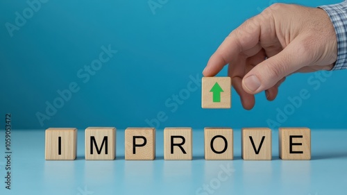 Develop and skill, man put the improve wooden block on blue background.