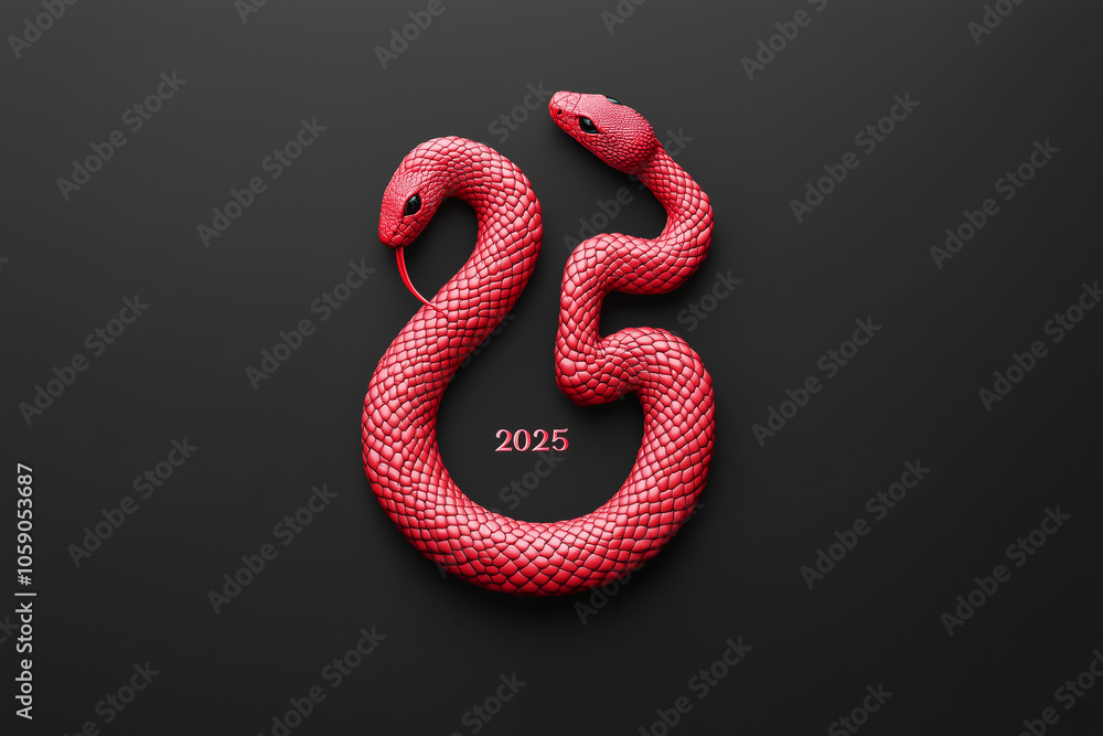Fototapeta premium red snake with 2 heads with number 2025 on a black background