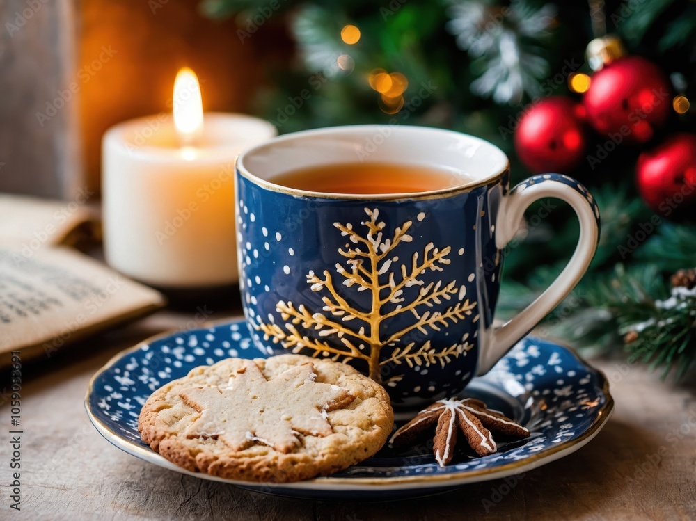 A cozy cup of tea paired with festive Christmas cookies, creating a warm and inviting scene perfect for holiday gatherings and sweet moments A cozy cup of tea paired with festive Christmas cookies, creating a warm and inviting scene perfect for holiday gatherings and sweet moments