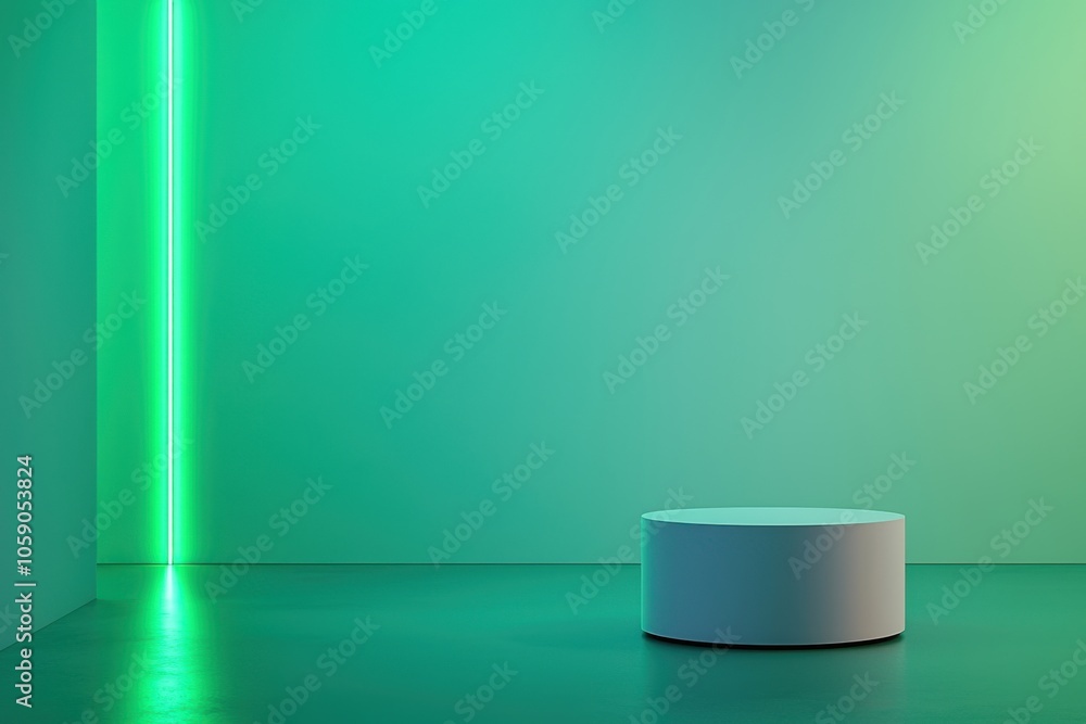 A minimalist space featuring a circular pedestal and a glowing green light, creating a modern and serene atmosphere. A minimalist space featuring a circular pedestal and a glowing green light, creating a modern and serene atmosphere.