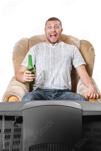Screaming man with bottle of beer in armchair in front of TV, isolated on a transparent background png