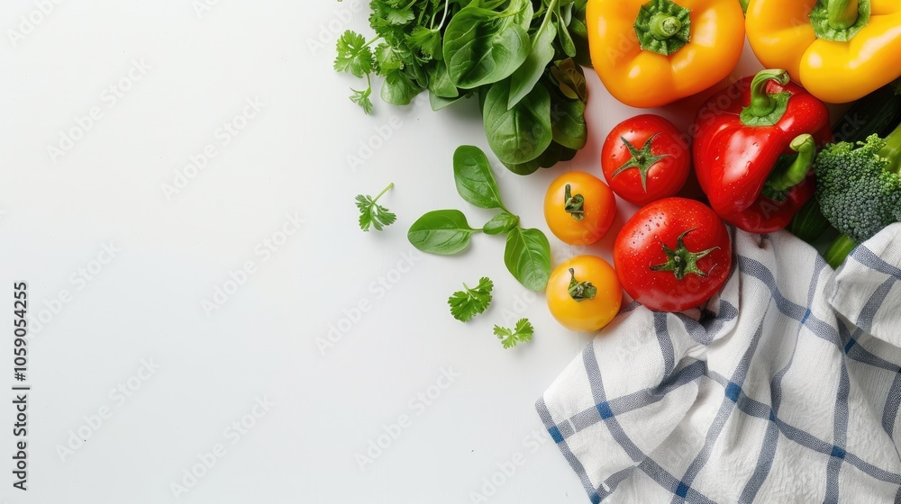 Top view of fresh vegetables and a towel on a white background with space for text. Cooking, healthy eating, and diet concept. Top view of fresh vegetables and a towel on a white background with space for text. Cooking, healthy eating, and diet concept.